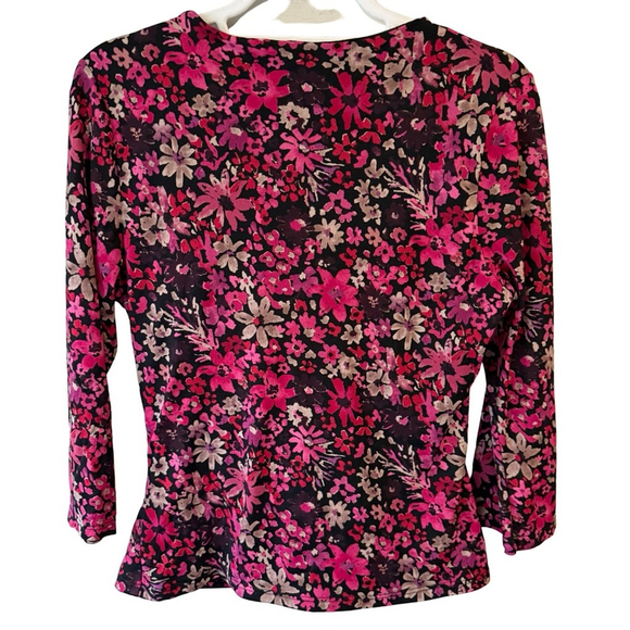Geoffrey Beene Pink and Black Floral Wrap Blouse Size L Work Office Casual - Picture 7 of 10